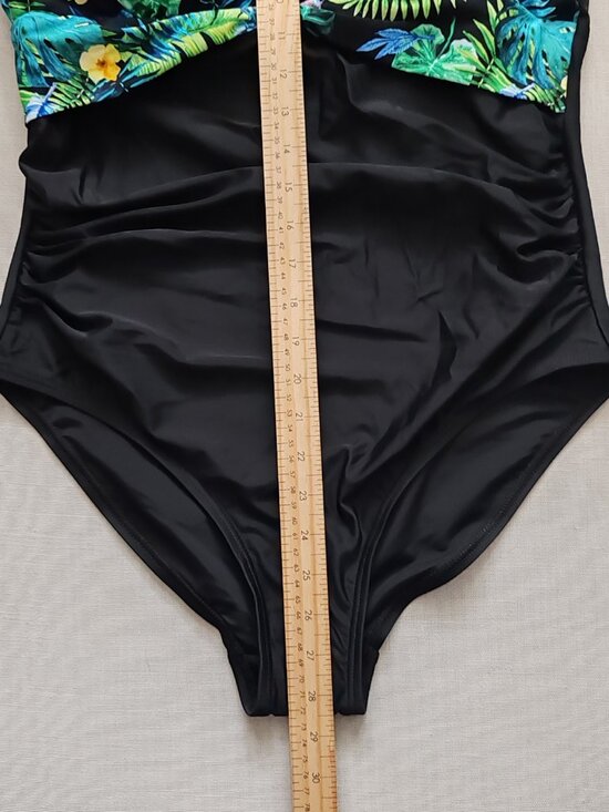 NWOT Tropical Leaf Print Mesh One-Piece Swimsuit - High Neck Cutout XL Black - Picture 7 of 9